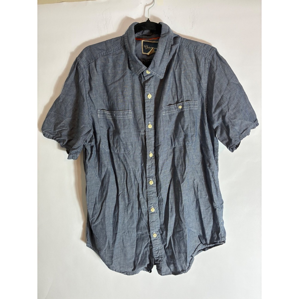 St. Johns Bay Mens Blue Chambray Cotton Short Sleeve Button Down Shirt Large